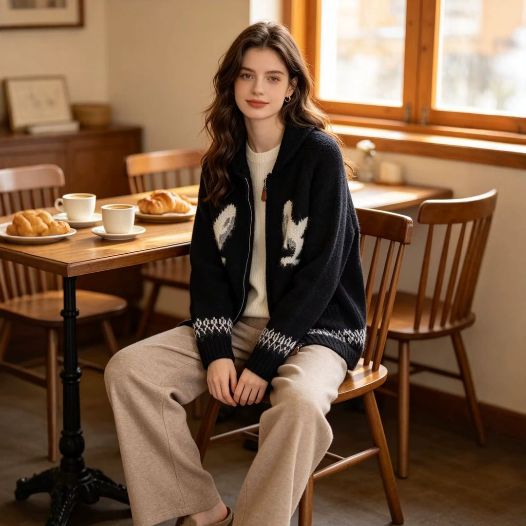Women粗针织拉链开衫，带有翻领和镶嵌图案 Mune Fashion