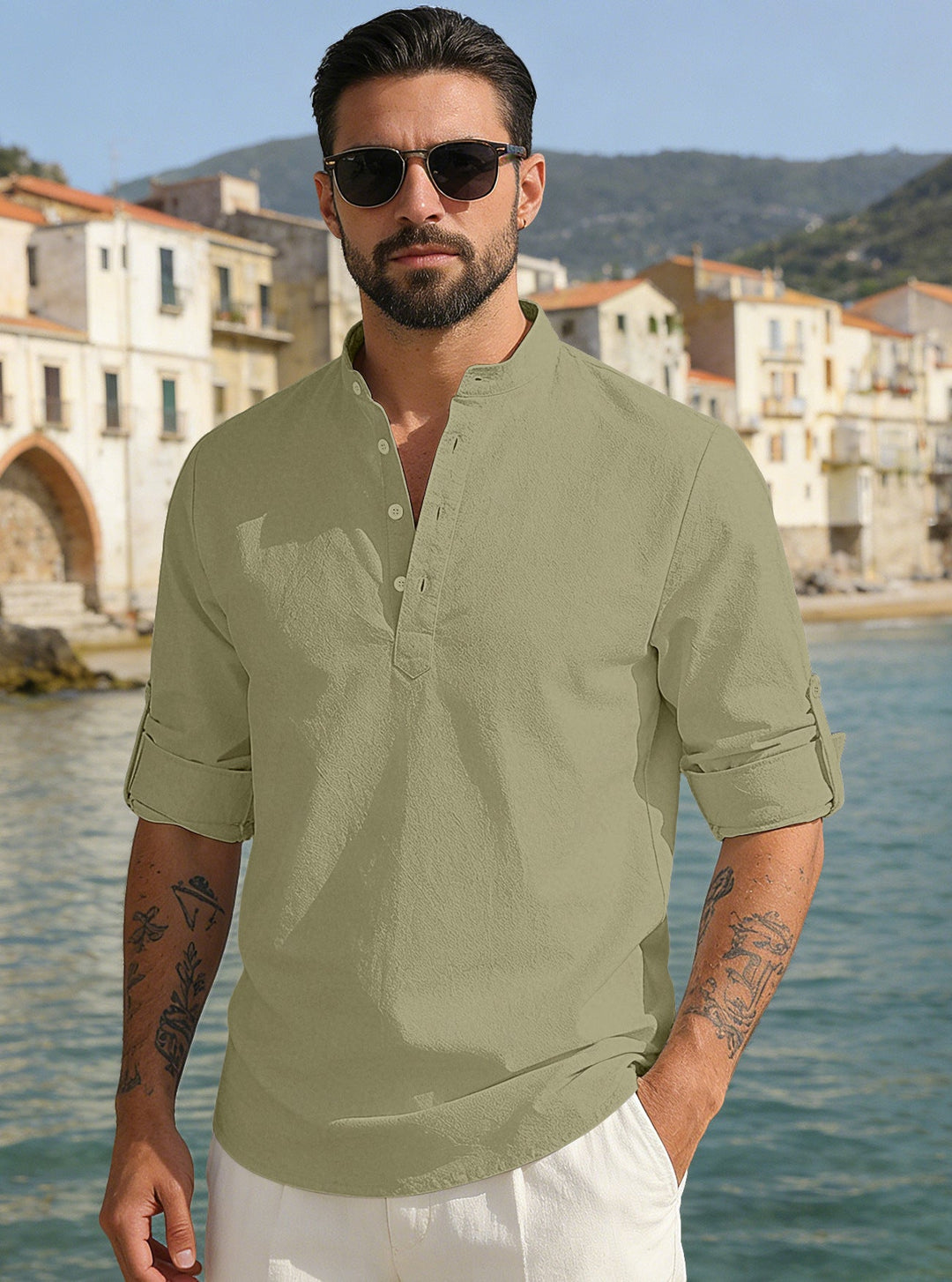 Men's lightweight half-button shirt made of linen blend with stand-up collar and roll-up sleeves Mune Fashion