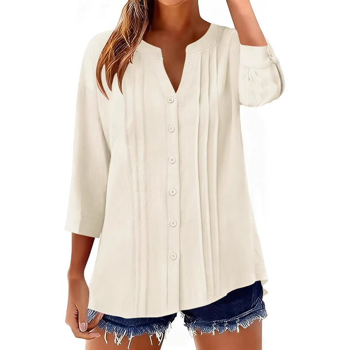 Women Loose Tunic Shirt with Pleats and Three-Quarter Sleeves Mune Fashion