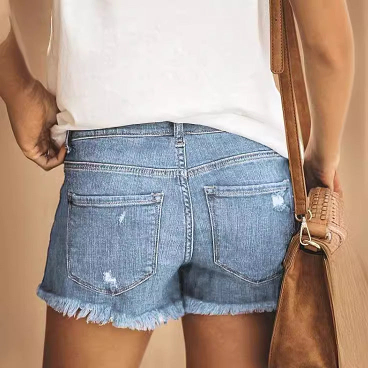 Women's Denim Shorts with Frayed Hems and Distressed Details