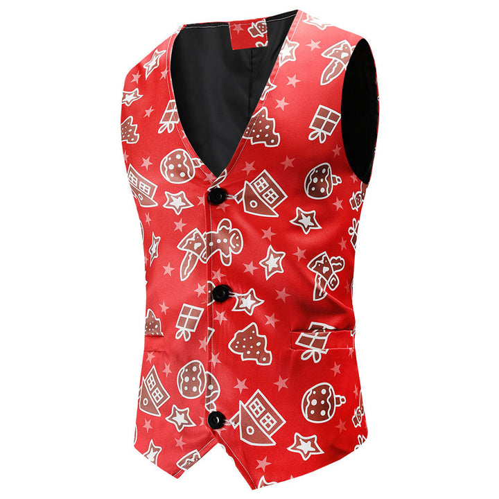 Men's Festive Satin Waistcoat with Christmas Design, Tailored Fit and V-Neck Mune Fashion