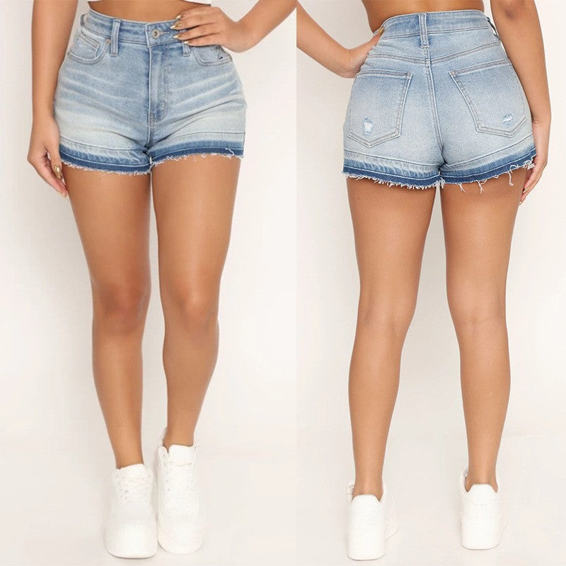 Women's Denim Shorts with Frayed Hem and High Waist