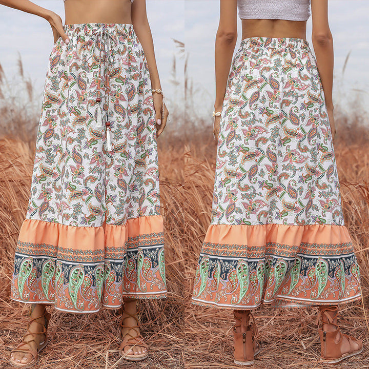 Women's Boho Maxi Skirt with Paisley Allover Print, Elastic Waistband, Drawstring and Ruffle Tier Mune Fashion