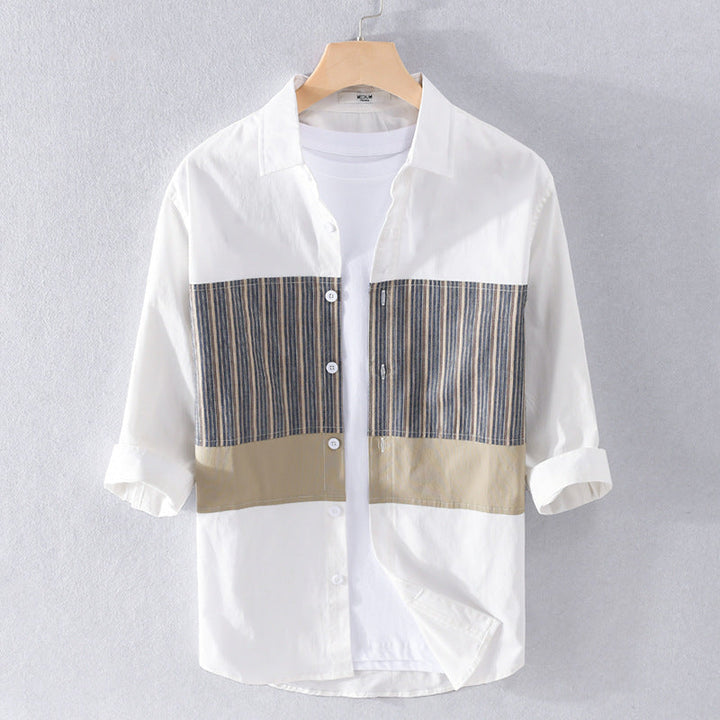 Men's Lightweight Cotton Long Sleeve Shirt with Striped Contrast Panels Mune Fashion