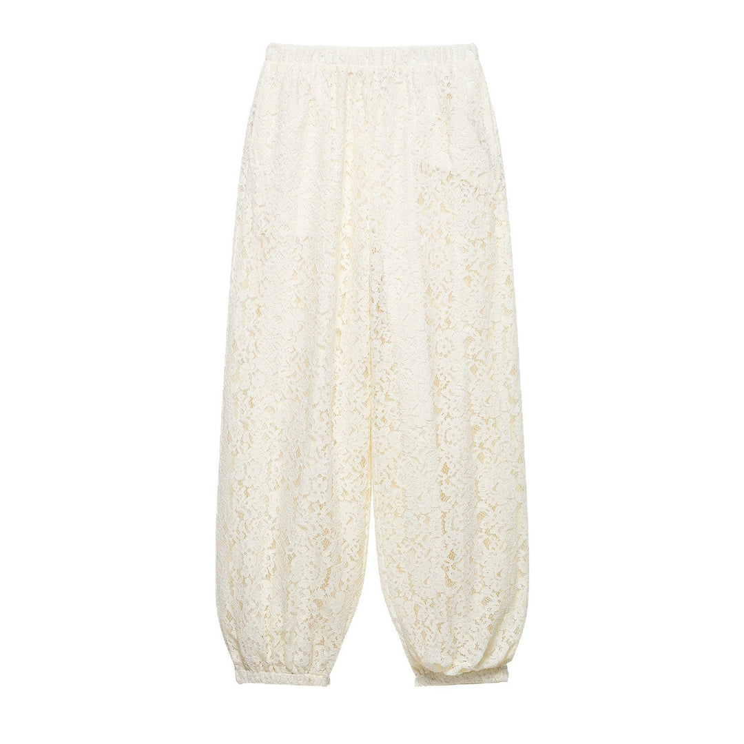 Ladies lace harem pants with wide leg, elastic waistband and gathered cuffs Mune Fashion