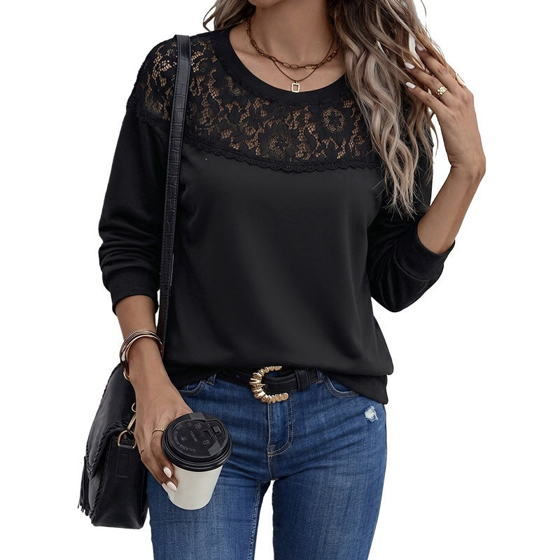 Women’s Casual Long Sleeve Shirt with Transparent Lace Yoke and Round Neckline Mune Fashion