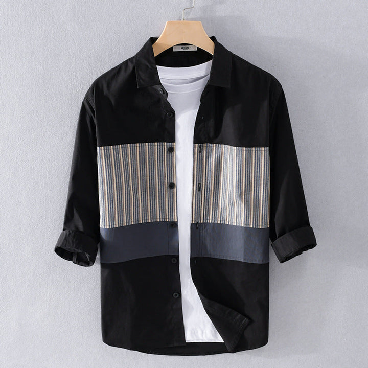 Men's Lightweight Cotton Long Sleeve Shirt with Striped Contrast Panels Mune Fashion