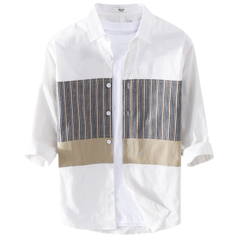 Men's Lightweight Cotton Long Sleeve Shirt with Striped Contrast Panels Mune Fashion