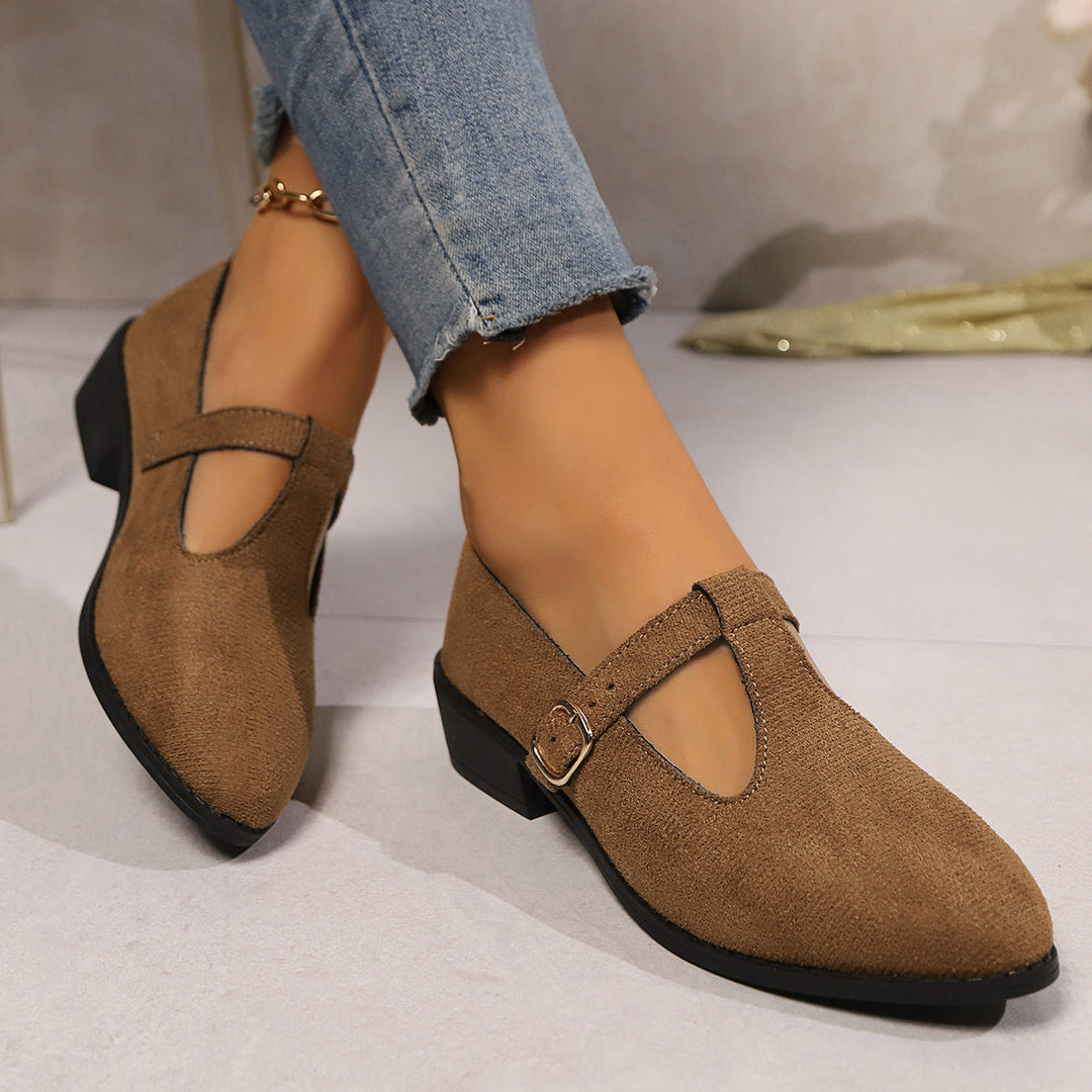 Damen Lack-Mary-Jane-Ballerinas mit spitzer Kappe, verstellbarem Riemen und kleinem Blockabsatz Mune Fashion