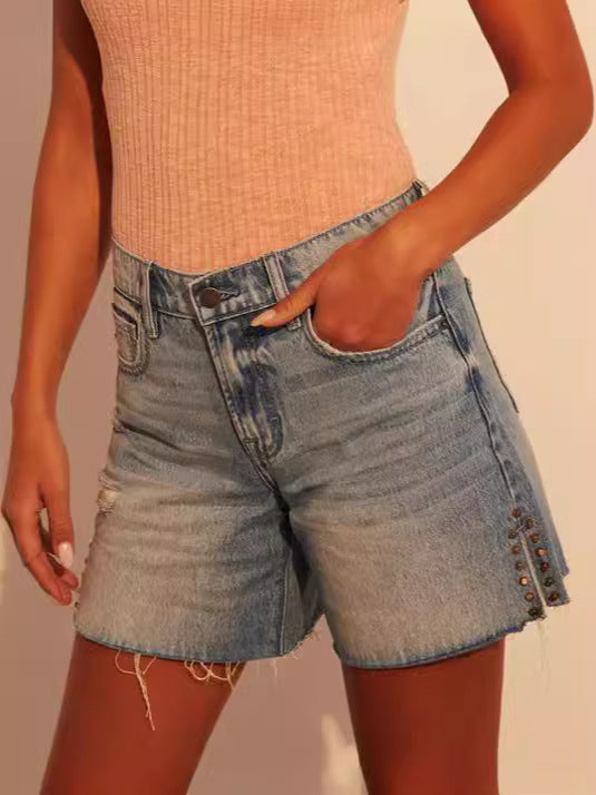 Women's Casual Denim Shorts with Studs and Frayed Hem