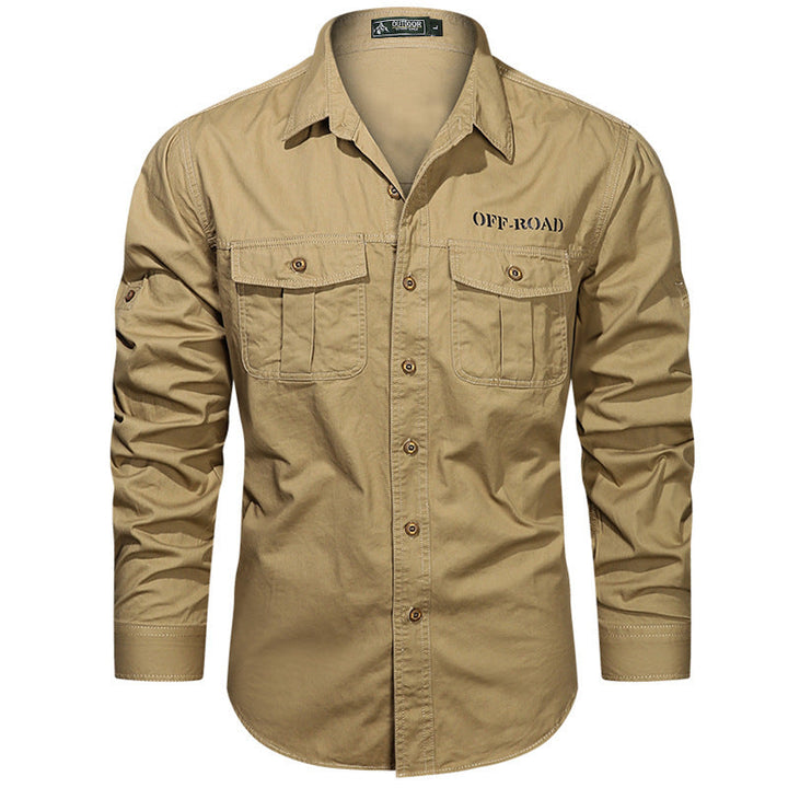 Men's robust utility shirt with double chest pockets and arm roll tab
