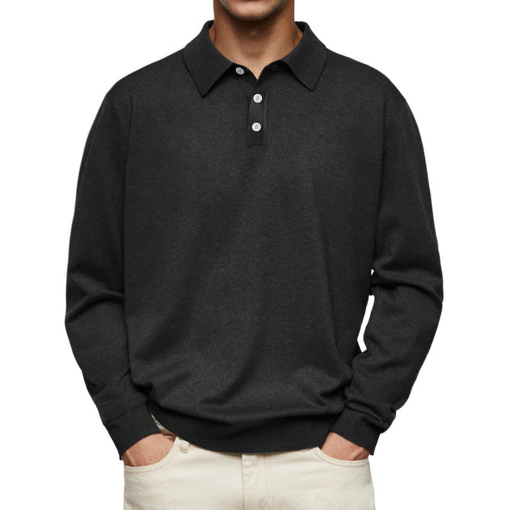 Men's Fine Knit Long Sleeve Polo Shirt with Placket and Collar Mune Fashion