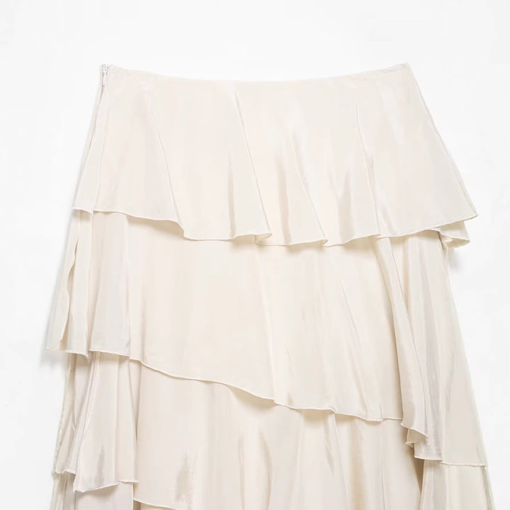 Women's Asymmetrical Tiered Skirt with Ruffles and Flowing Satin Fall Mune Fashion