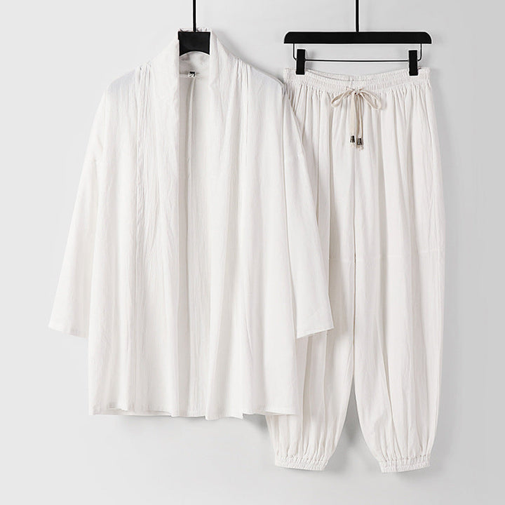 Unisex Relaxed Kimono Two-Piece Set Made of Cotton Muslin with Shawl Collar Jacket and Gathered Ankle Pants Mune Fashion