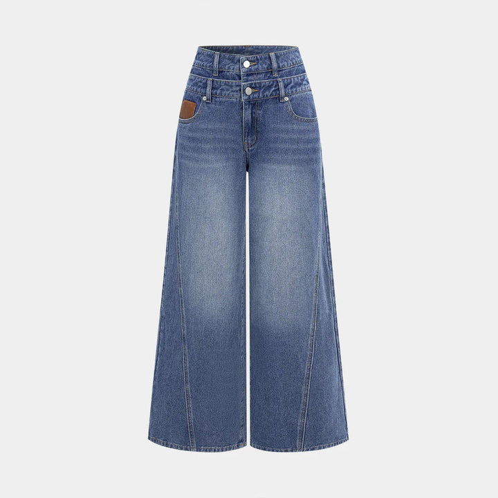 Women high-waisted double waistband jeans culotte with wide cropped leg and visible seam panels Mune Fashion