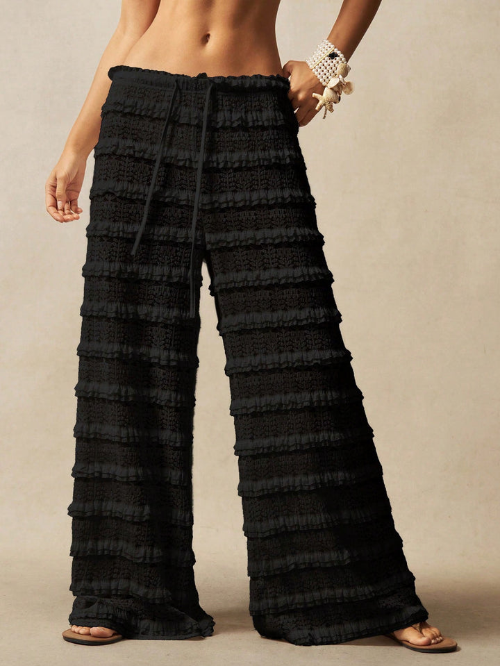 Women's Wide Lace Pants with Tiered Ruffles, Smocked Waistband and Drawstring Mune Fashion