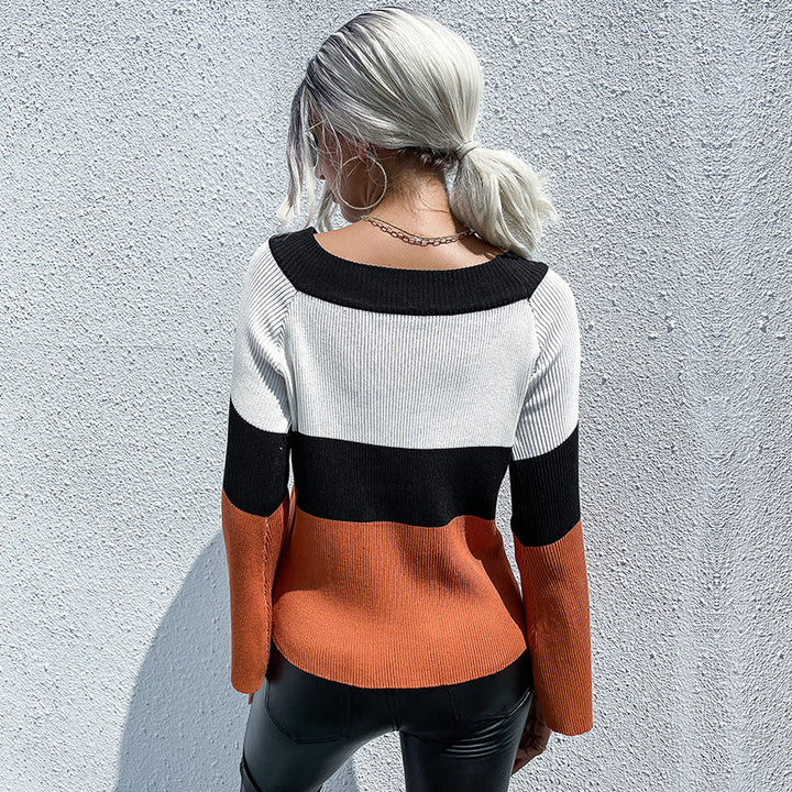 Women's fine knit sweater with block stripes, boat neckline, and bell sleeves Mune Fashion