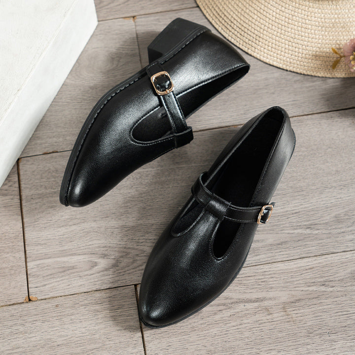 Damen Lack-Mary-Jane-Ballerinas mit spitzer Kappe, verstellbarem Riemen und kleinem Blockabsatz Mune Fashion