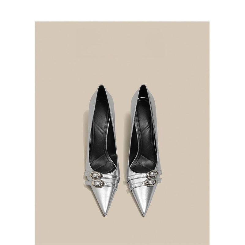 Women pointed toe patent pumps with narrow stiletto and decorative shiny buckle Mune Fashion