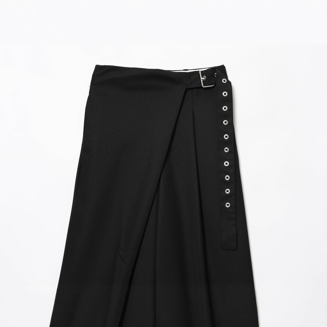 Women's wrap pants with wide leg, decorative eyelet waistband and draped overlapping skirt detail Mune Fashion