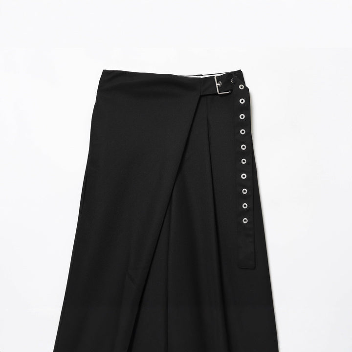 Women's wrap pants with wide leg, decorative eyelet waistband and draped overlapping skirt detail Mune Fashion
