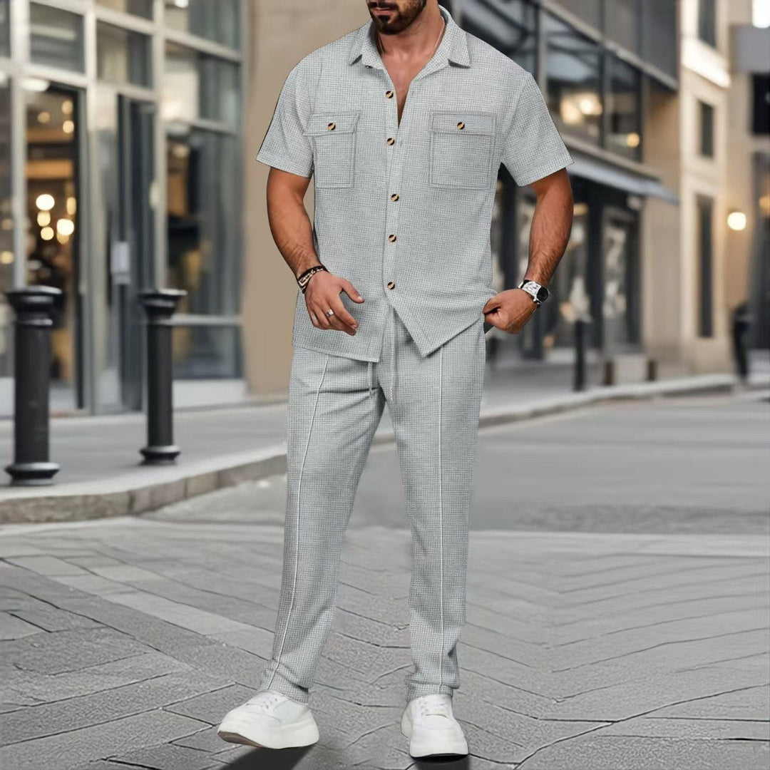 Men's casual two-piece set with open lapel shirt, chest pockets, and tapered drawstring pants Mune Fashion