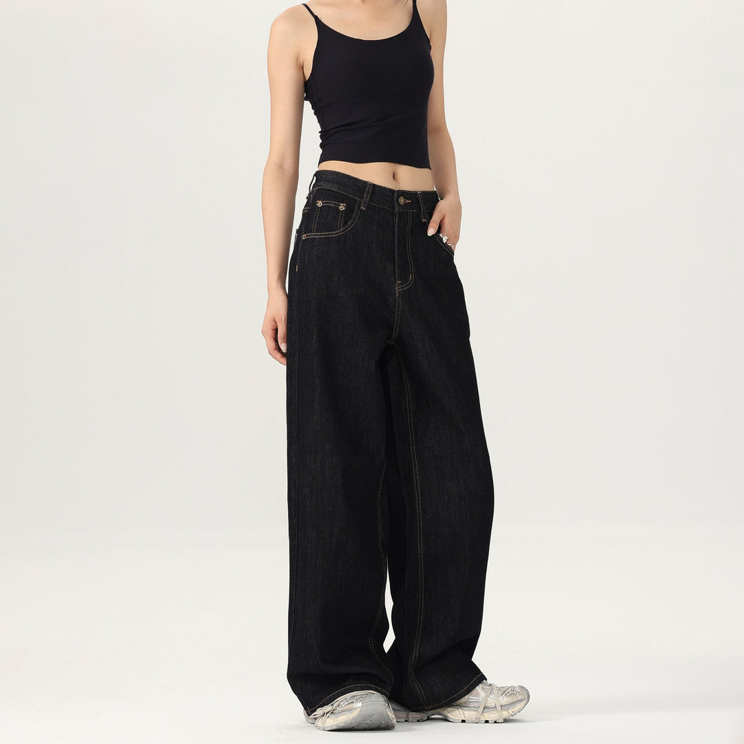 Women Wide Low-rise Baggy Denim Pants in Marlene Style with Contrast Stitching Mune Fashion