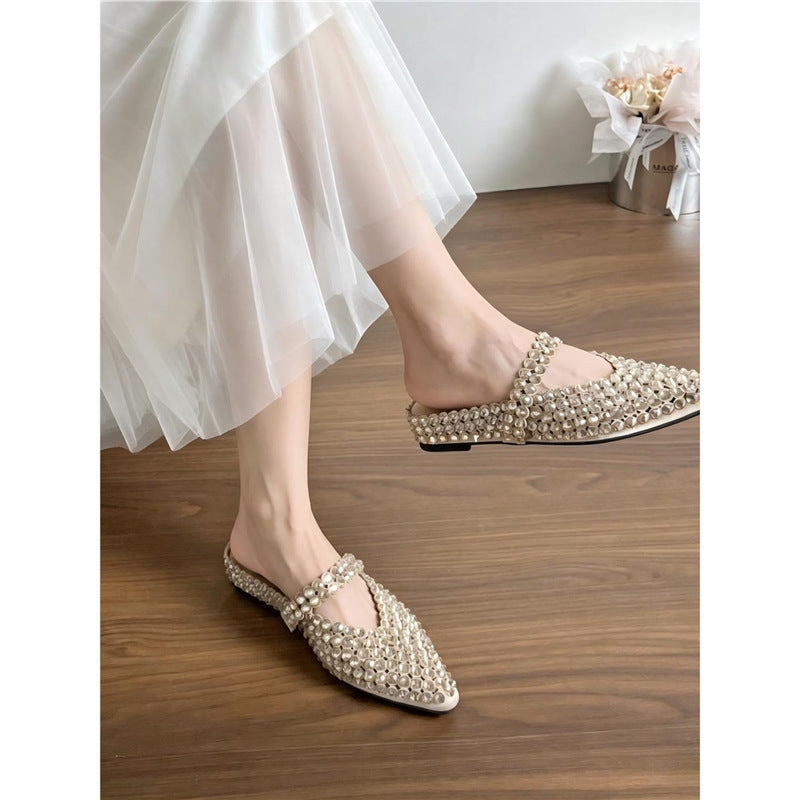 Women pointed toe Mule with sparkling crystal applications and strap Mune Fashion