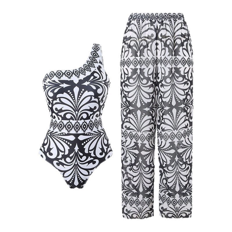 Ladies' One-Piece Swimsuit with Elegant Asymmetrical Design and Matching Pants Mune Fashion
