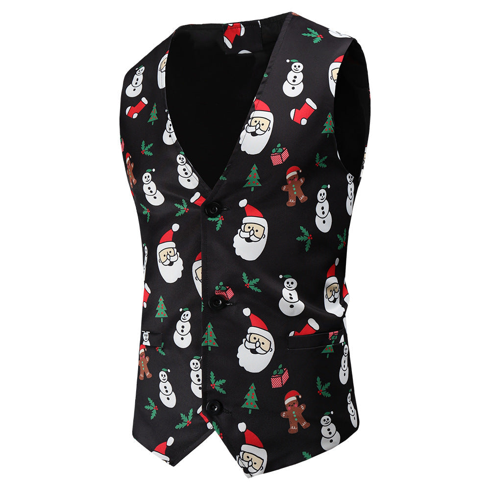 Men's Festive Satin Waistcoat with Christmas Design, Tailored Fit and V-Neck Mune Fashion