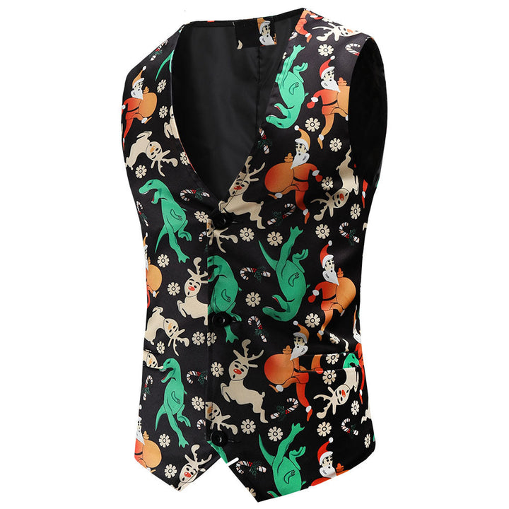 Men's Festive Satin Waistcoat with Christmas Design, Tailored Fit and V-Neck Mune Fashion