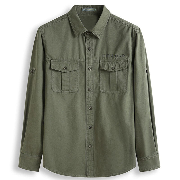 Men's classic safari field shirt with ventilation eyelets, sleeve elevator, and double flap chest pockets.
