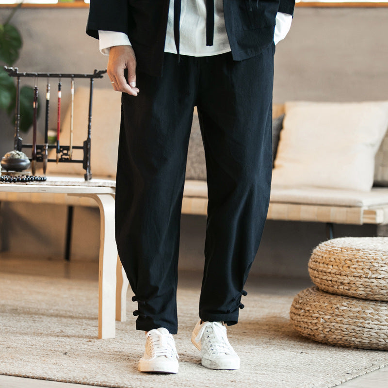 Men's Casual Linen Blend Pants with Drawstring Waist, Tapered Ankle and Knot Detail Mune Fashion