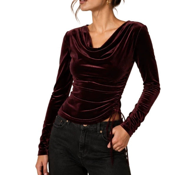 Women's velvet top with waterfall collar, side gathering and lacing detail Mune Fashion