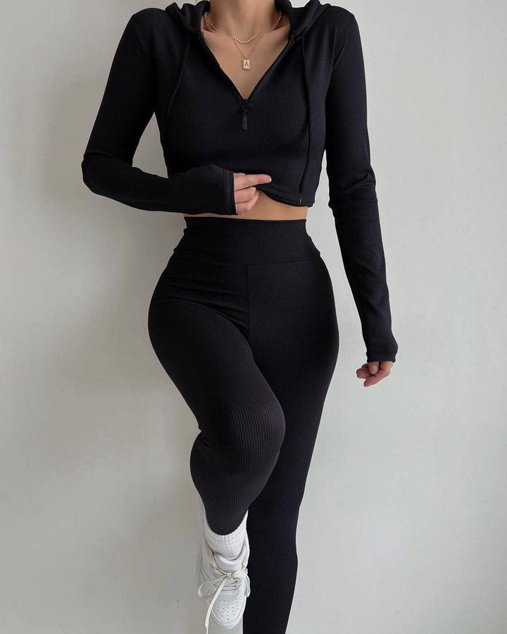 Women Ribbed Lounge Set with Half Zipper and High Waist Mune Fashion