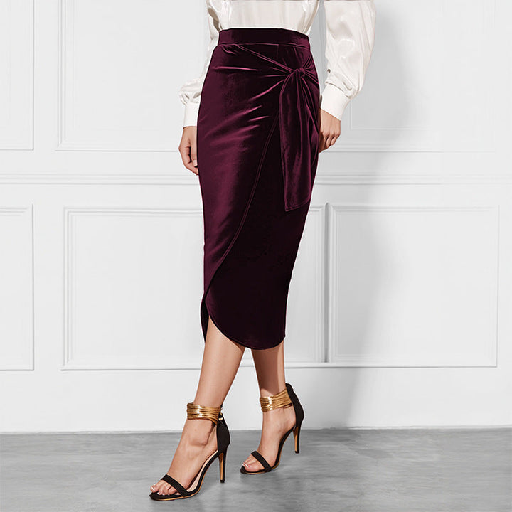 Women's midi skirt made of velvet with wrap look and knot detail