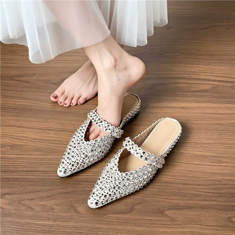 Women pointed toe Mule with sparkling crystal applications and strap Mune Fashion