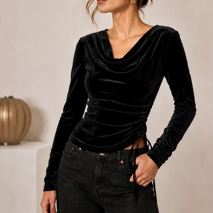 Women's velvet top with waterfall collar, side gathering and lacing detail Mune Fashion