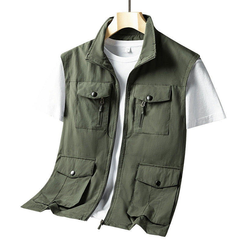 Men's Lightweight Multifunctional Outdoor Vest with Zipper Pockets and Stand Collar Mune Fashion