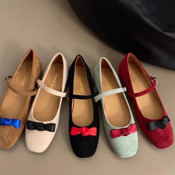 Elegant Women's Ballerina Flats with Mary Jane Strap and Bow Detail