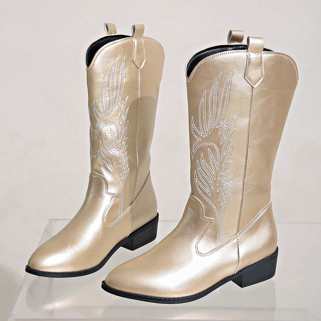 Women's Cowgirl Knee-High Boots with Decorative Embroidery, Pull-Tabs and Comfortable Block Heel Mune Fashion