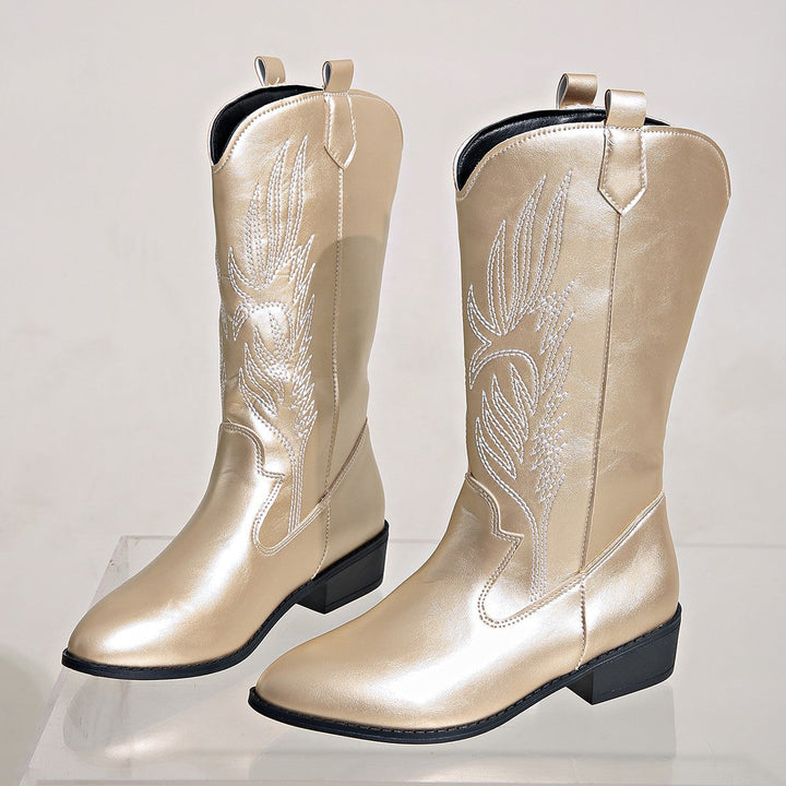 Women's Cowgirl Knee-High Boots with Decorative Embroidery, Pull-Tabs and Comfortable Block Heel Mune Fashion