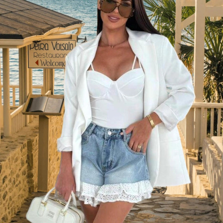 Women's Denim Shorts with Playful Ruffled Hem and High Waistband