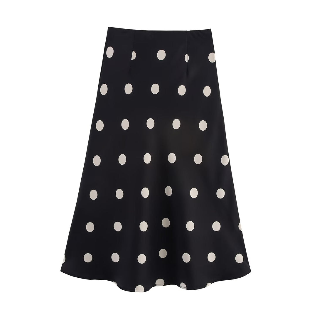 Women's A-line midi skirt made of satin with polka dot print and flowing silhouette Mune Fashion