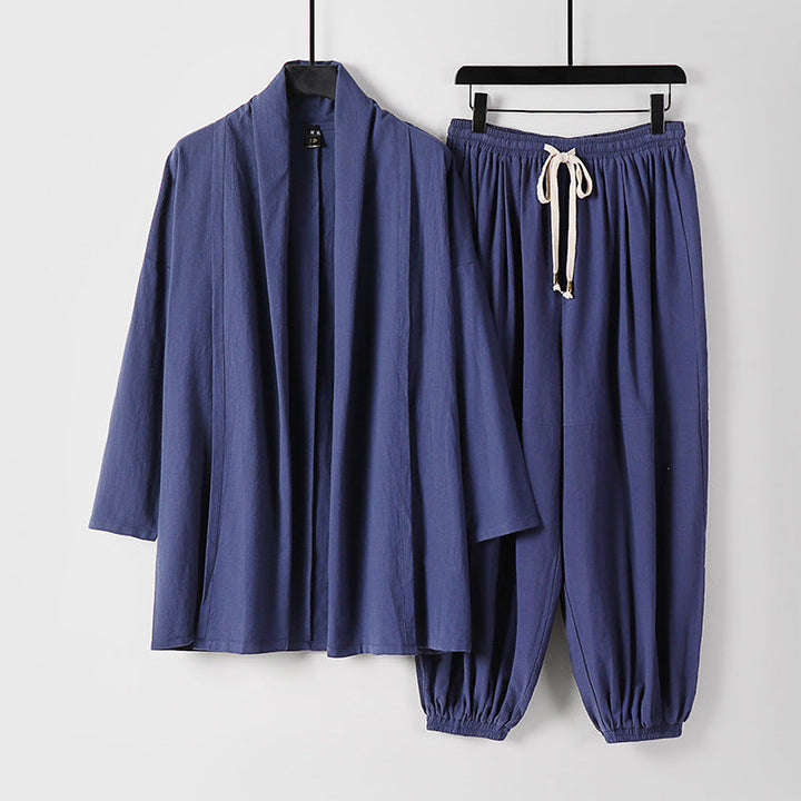 Unisex Relaxed Kimono Two-Piece Set Made of Cotton Muslin with Shawl Collar Jacket and Gathered Ankle Pants Mune Fashion