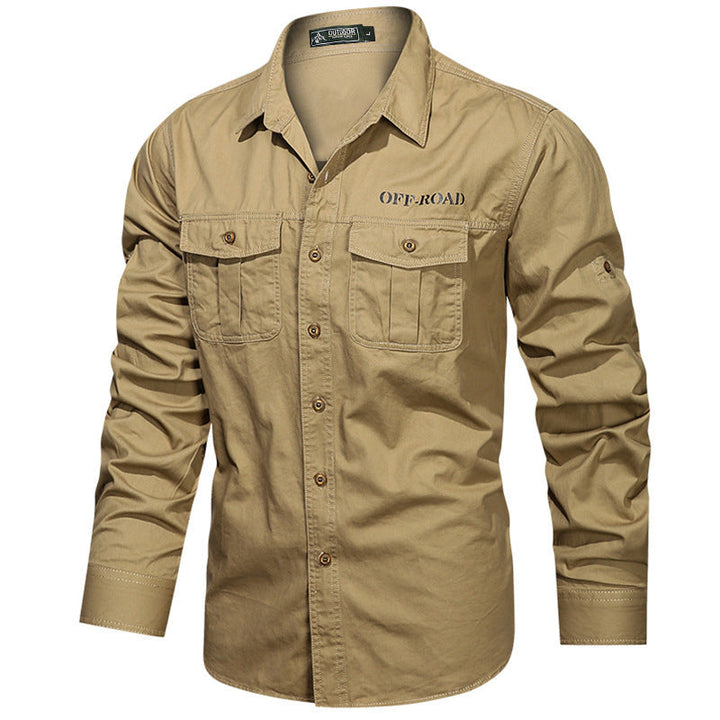 Men's robust utility shirt with double chest pockets and arm roll tab
