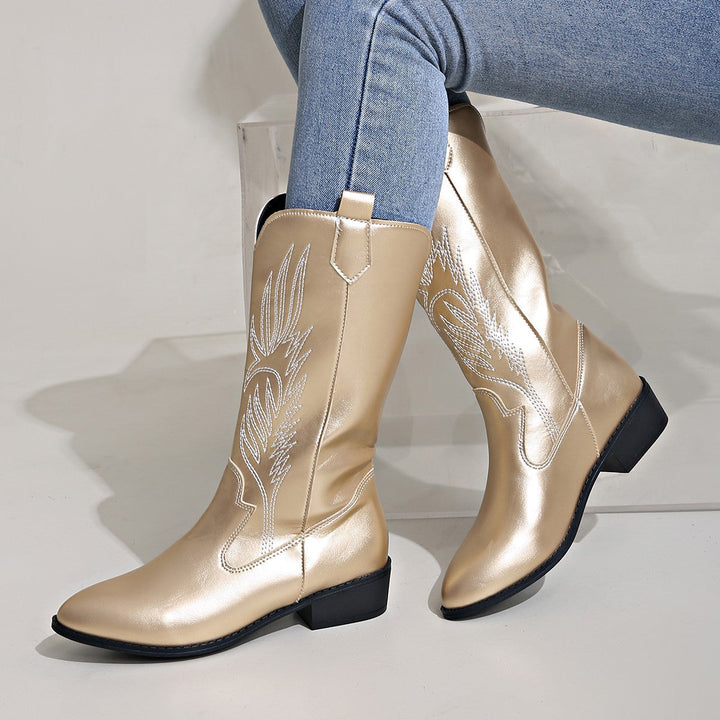 Women's Cowgirl Knee-High Boots with Decorative Embroidery, Pull-Tabs and Comfortable Block Heel Mune Fashion