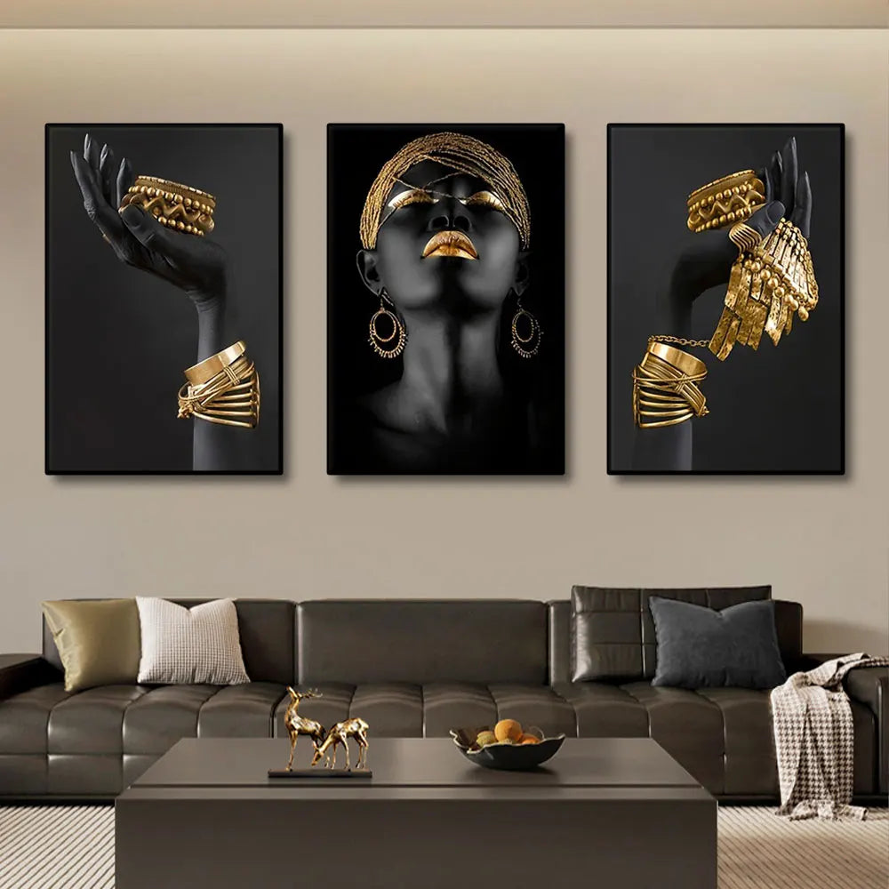 Set of 3Pcs Black Golden Woman Portrait Wall Art Fine Art Canvas Prints Pictures For Luxury Living Room Dining Room Home Office Decor