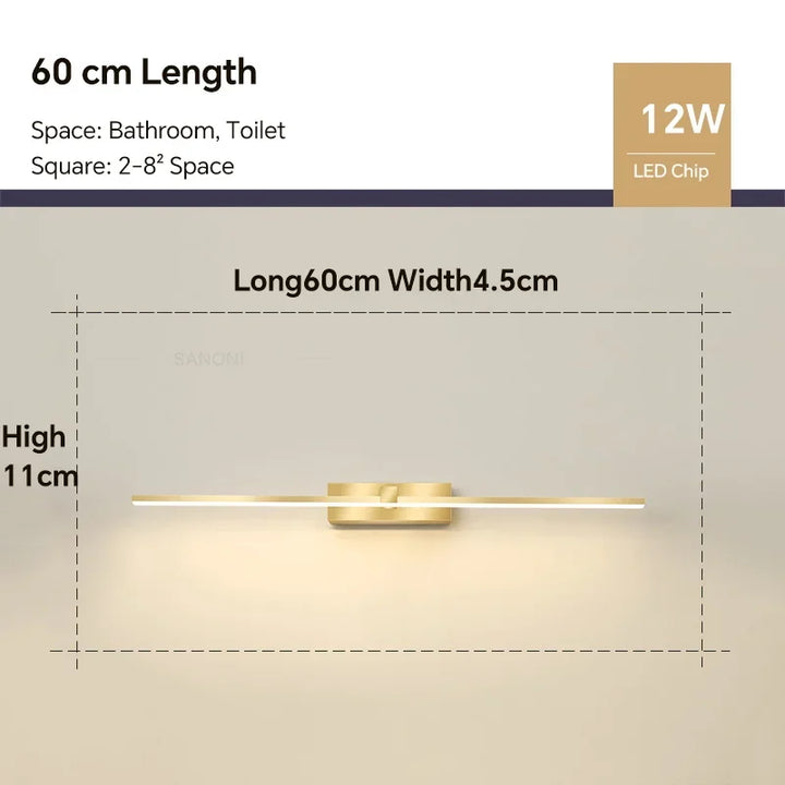 Modern Gold LED Wall Lamp – Bathroom Mirror Light with Touch Switch for Bedroom, Living Room, and Vanity Lighting