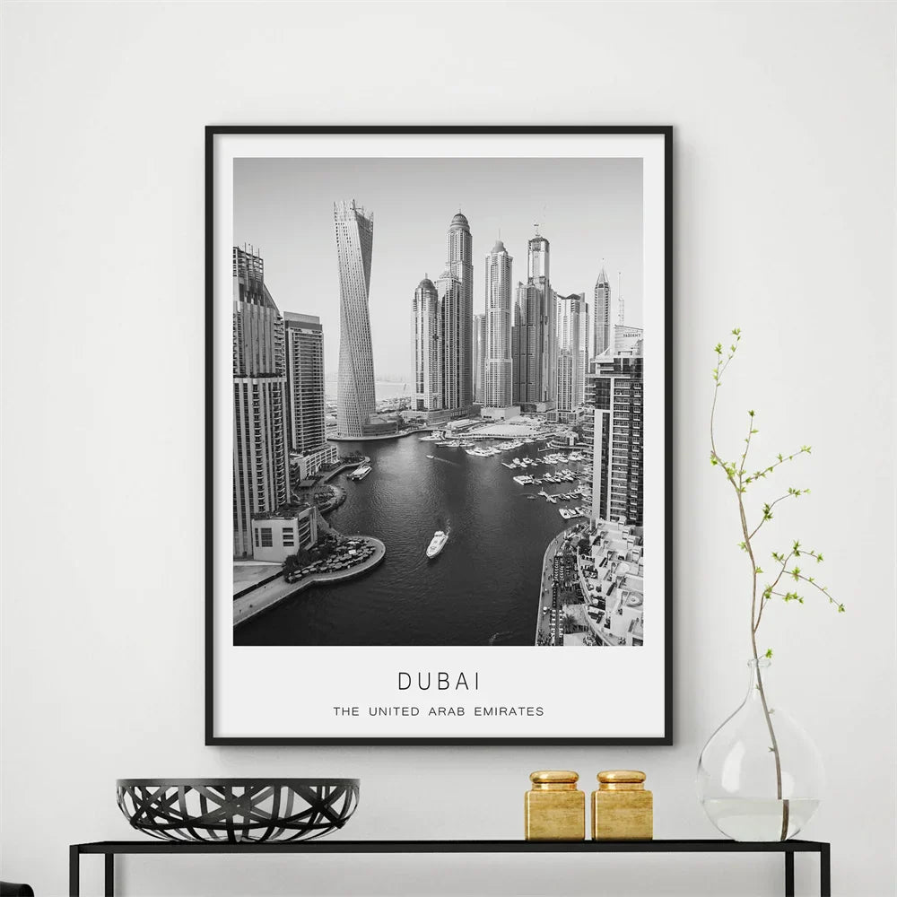 Dubai Skyline Poster International Travel Wall Art Fine Art Canvas Prints Black White Pictures For Living Room Dining Room Home Office Art Decor